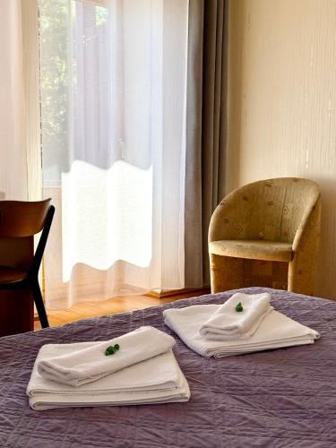 a table with two white towels on top of it at Akmuo Ant Akmens in Šventoji