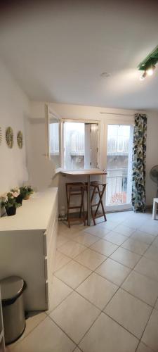 une cuisine avec une table et une grande pièce dans l'établissement Avignon intra muros Pont et Palais des Papes, à Avignon