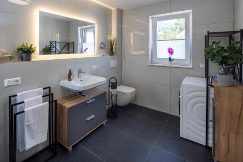 a bathroom with a sink and a toilet and a window at Blue Sky Flat, Apartment, 73qm, 4-6 Personen, Neubau Süd-Balkon mit Lounge-Möbeln, Schwarzwald-PLUS inkl 80 Gratis-Attraktionen täglich in Baiersbronn