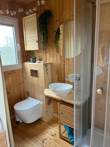 a bathroom with a toilet and a sink and a shower at Tinyhaus Liho in Niederdorla