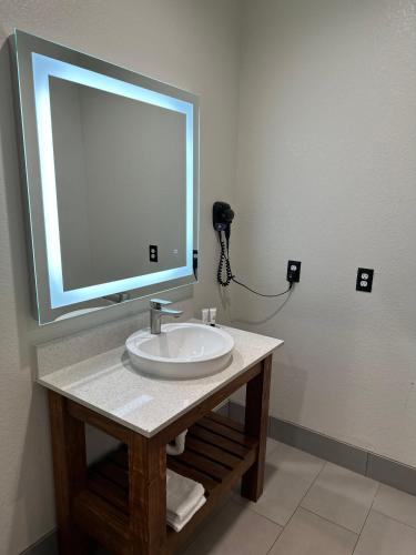 a bathroom with a sink and a large mirror at Signature Inn North Houston District in Houston