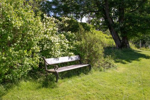 a park bench sitting in the grass next to a bush at Villa Persås in Kristinehamn