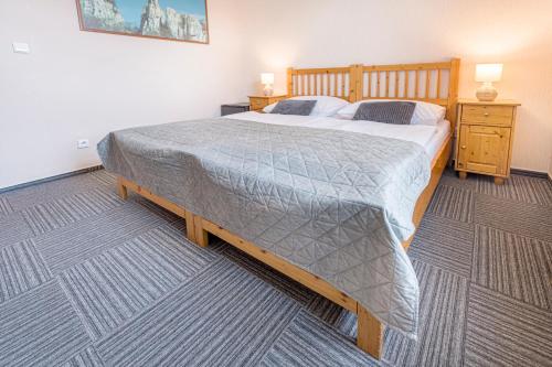 a bedroom with a large bed with a wooden frame at Hotel Pavlov in Pavlov