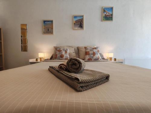 ニームにあるstudio Nimes capouchiné parking et balcon proche centreのベッド(タオル付)