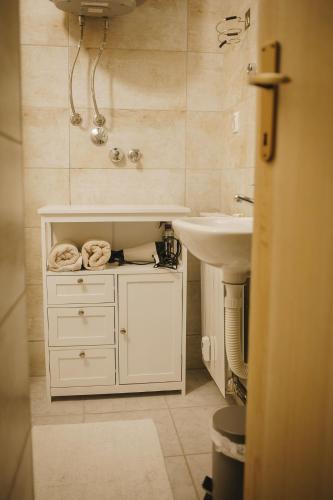ヴコヴァルにあるBelleVu studio apartmanの白いバスルーム(シンク、シンク付)