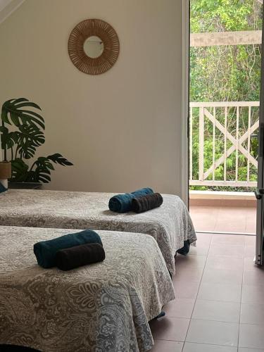 a room with two beds and a mirror on the wall at Spacieux appartement avec terrasse et piscine au Diamant in Le Diamant