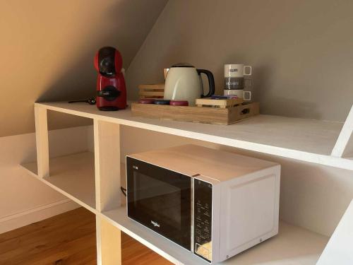 eine Mikrowelle auf einem Regal in einem Zimmer in der Unterkunft L'écorce marine in Sangatte