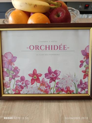 a picture of fruit in a frame on a table at Le clos des romarins chambre ORCHIDEE in Belmontet
