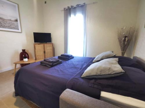a bedroom with a bed with blue sheets and a window at Le Cocon - Rénové I Clim I Terrasse I WIFI I Hypercentre in Miramas
