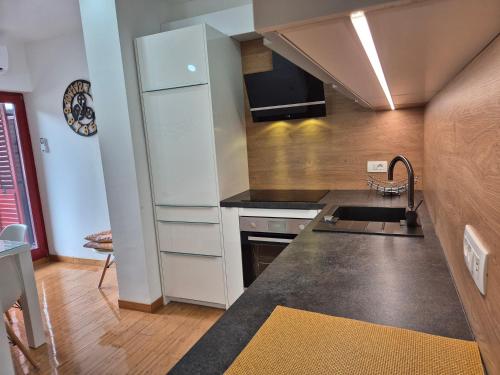 a kitchen with a sink and a stove at Juliana Apartment Bohinj Lake in Bohinj