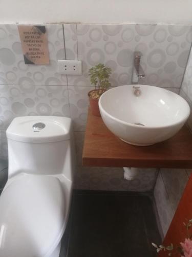 a bathroom with a white sink and a toilet at Bellavista Hospedaje in Oxapampa