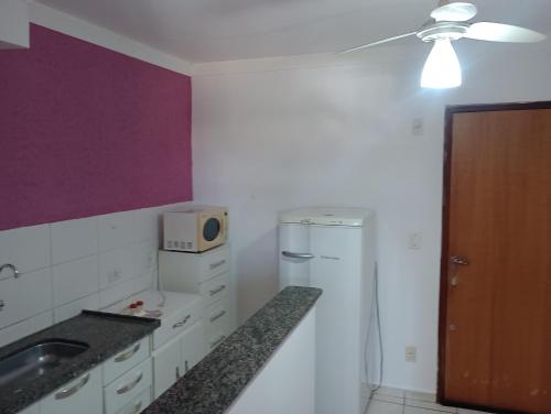 a kitchen with a sink and a microwave at Apartamento inteiro a 1 minuto da Unesp in Jaboticabal