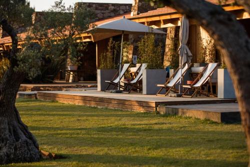 a group of chairs and umbrellas in a yard at TEIMA, Alentejo SW in São Teotónio