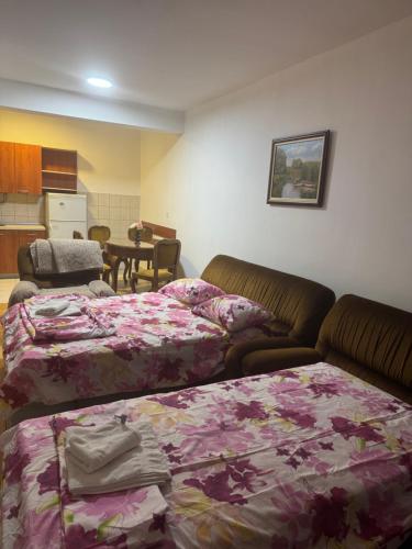 a room with two beds and a couch and a table at VD Apartment 2 ,only 5 min from main Bus Station in Skopje