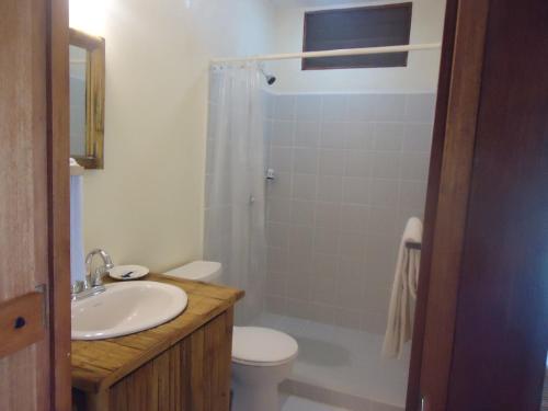 a bathroom with a sink and a toilet and a shower at Hotel Lara's Planet in El Castillo de La Concepción