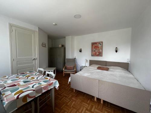 une chambre avec un lit et une chaise dedans dans l'établissement Studio entre Thermes et centre-ville avec jardin, parking et WIFI - FR-1-541-119, à La Roche-Posay