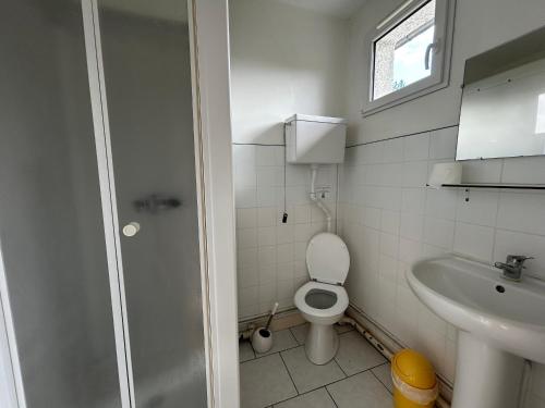 une petite salle de bain avec toilettes et lavabo dans l'établissement Studio entre Thermes et centre-ville avec jardin, parking et WIFI - FR-1-541-119, à La Roche-Posay