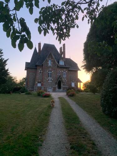 un chien marchant sur un chemin de terre devant une maison dans l'établissement Le Manoir des Rochers, à Bouère