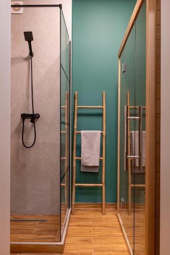 a bathroom with a shower with a glass door at Dan's Apartament in Seleuş