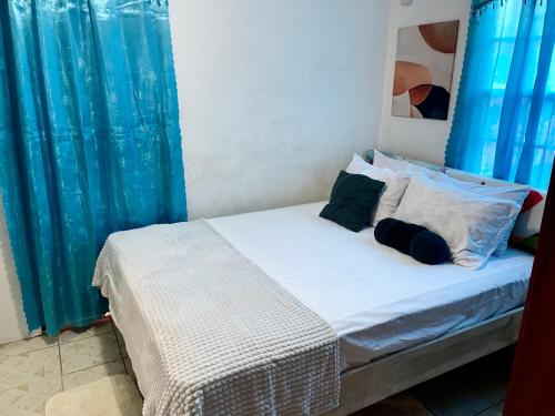 a bedroom with a bed with blue curtains at R and A homestay in Beaulieu