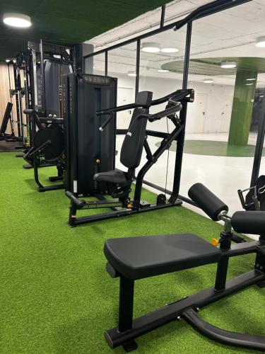 a gym with rows of tread machines and green carpet at Apartahotel & Spa Jacetania in Jaca