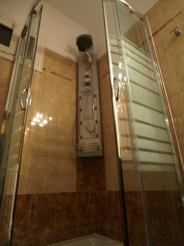 a shower with a glass door in a bathroom at Pozar Salt Cave Hotel Spa in Kato Loutraki