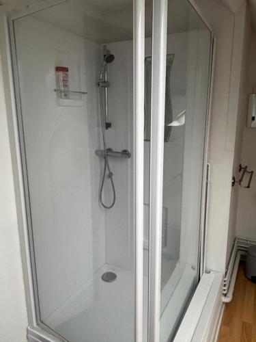 una ducha con puerta de cristal en un baño en Maison 4 Chambres Normandie, en Clasville