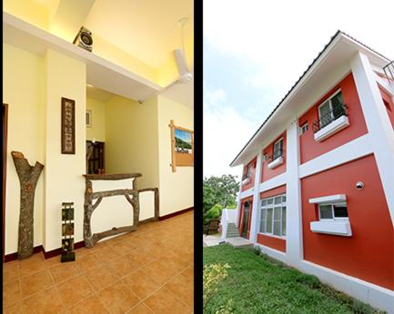 two pictures of a house with a table and a room at Bella Casa B&B in Longtian