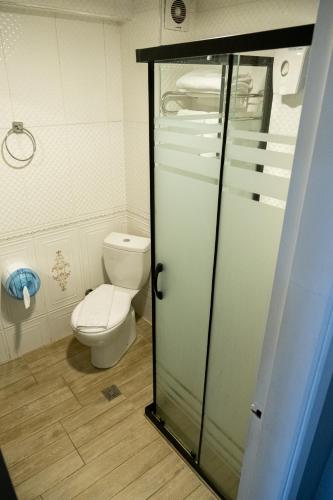a bathroom with a toilet and a glass shower door at Çağ Otel in Erzurum