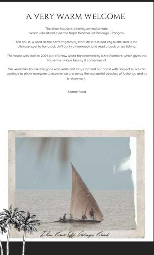 a page of a website with a sail boat on the beach at The Dhow House, Ushongo Beach, Pangani, Tanzania in Ushongo Mabaoni