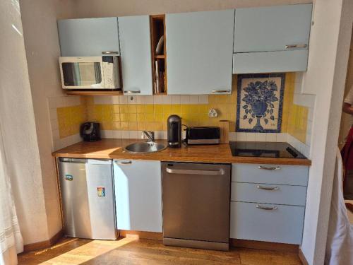 une cuisine avec des armoires blanches et des appareils en acier inoxydable dans l'établissement Exceptionnel Cannes Banane, appartement rénové dans ancien couvent 43m et Terrasse 48m, à Cannes