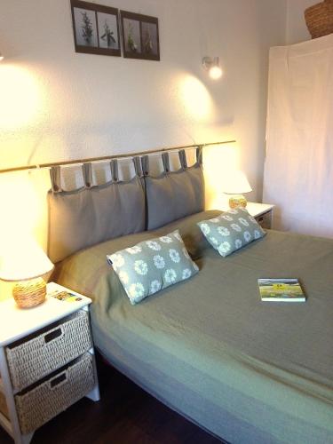 a bedroom with a bed with two pillows and two lamps at Logis Hotel Restaurant LA BARGUILLERE in Saint-Pierre-de-Rivière