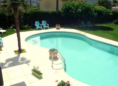 einen großen Pool mit zwei Stühlen und einer Palme in der Unterkunft Villa Le Bon Temps in Mandelieu-la-Napoule