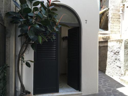 an entrance to a building with a black door at Vulcanoconsult Appartamenti Spiaggia in Lipari