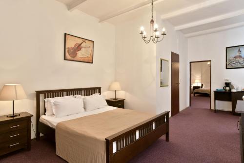 a bedroom with a bed and a dresser and a mirror at Da Vinci in Braşov