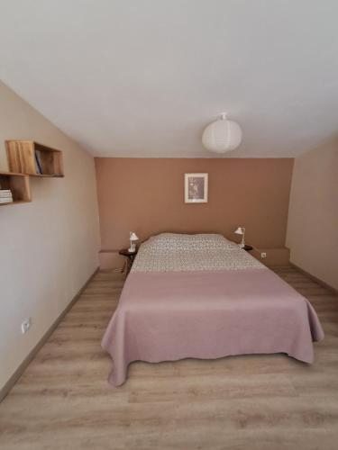Un dormitorio con una cama con una manta rosa. en Studio le Ti coin Charmant, en Saint-Joseph