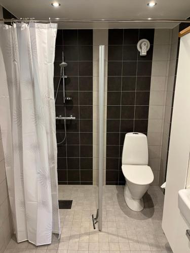a bathroom with a toilet and a shower curtain at Skräddarhuset - Lilla huset in Bonnarp