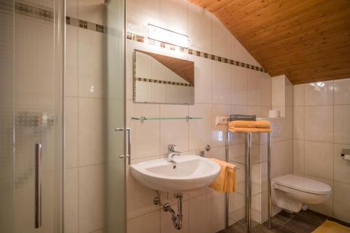 bagno con lavandino, doccia e servizi igienici di Stiedlhof ad Achenkirch