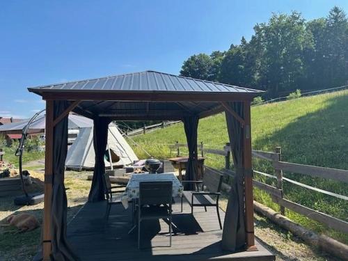 a gazebo with a table and chairs in a field at Tipi-Glamping am Gut Kunterbunt in Kaindorf