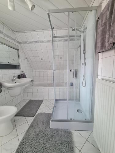 a bathroom with a shower and a toilet and a sink at Nordlicht in Hagen im Bremischen