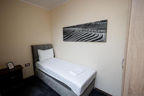 a small room with a bed and a picture on the wall at Agape Villa Apartments in Novi Sad