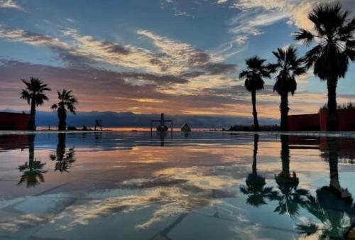 una piscina con palme e tramonto di Maison de plage avec grande terrasse privée a Leucate Plage