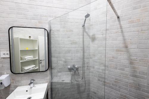 a bathroom with a shower with a sink and a mirror at Agape Villa Apartments in Novi Sad
