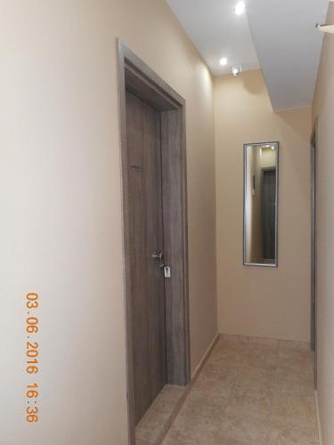 a wooden door in a room with a mirror at Dimitra's Apartments in Olympiaki Akti