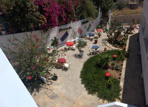 an overhead view of a garden with chairs and flowers at Hermes in Kalymnos