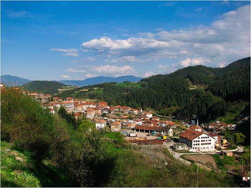 a town on a hill with mountains in the background at Family hotel Valchanovata Kashta in Fotinovo