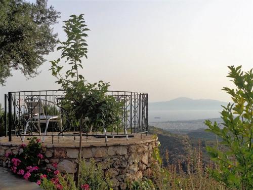 a bench on top of a stone wall with flowers at Menina Farm Kalamata Countryside in Perivolákia