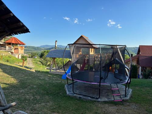 a playground with a trampoline in the grass at Pensiunea Valea Branzei in Năneşti