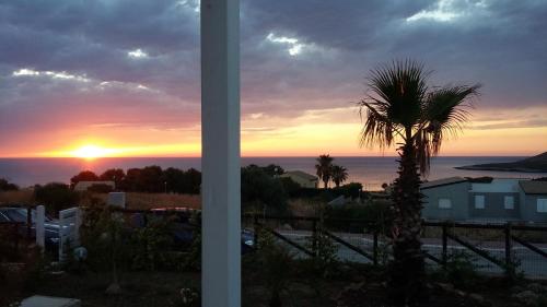 a sunset seen through a window with a palm tree at Case Vacanza Viola di Mare in Custonaci