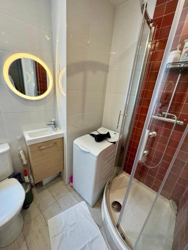 une salle de bain avec une douche, des toilettes et un lavabo dans l'établissement Appartement niché au cœur de Montmartre, à Paris
